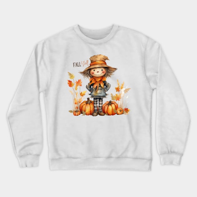 Fall Y'all Cute Scarecrow in Pumpkins with Leaves Crewneck Sweatshirt by mw1designsart